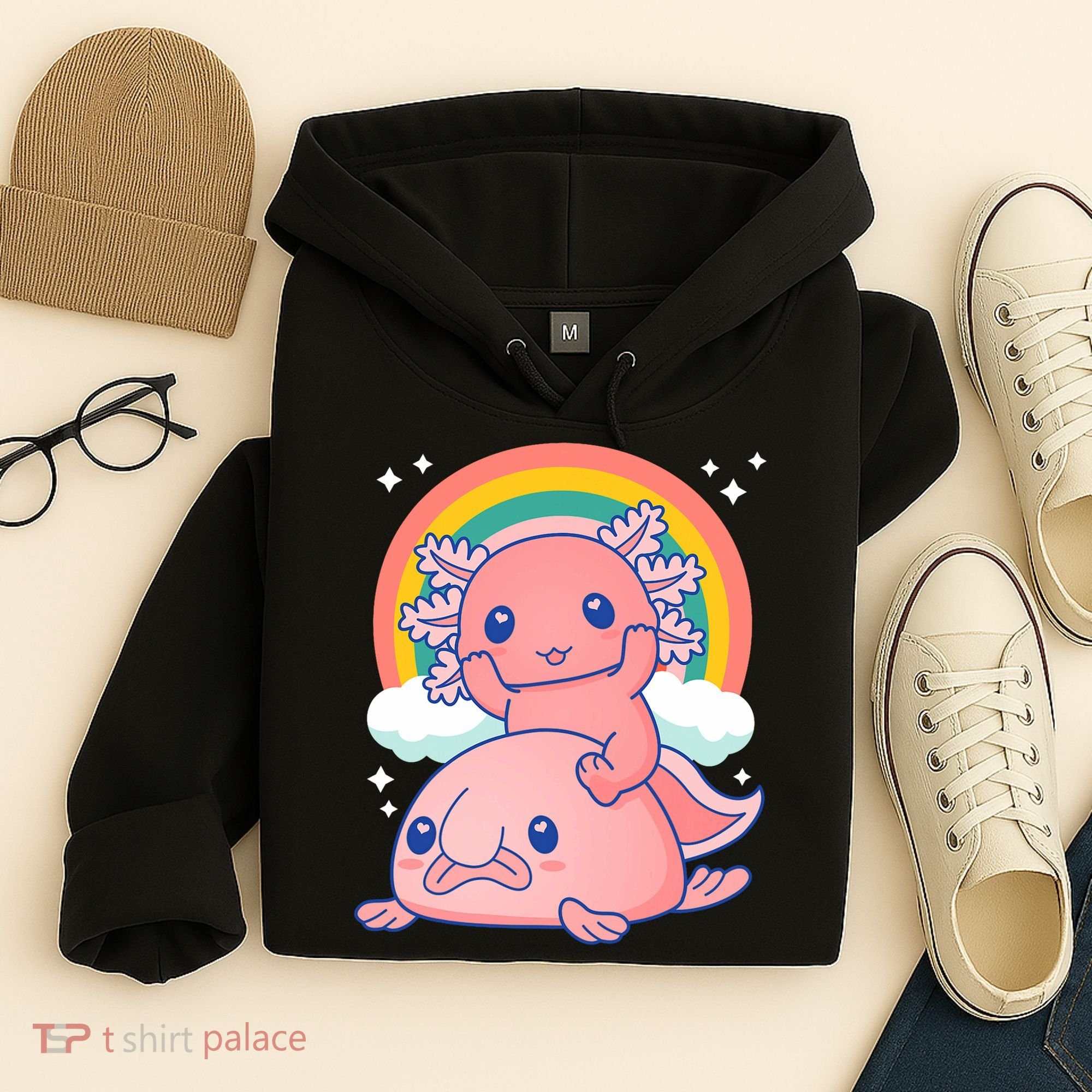 Cute Kawaii P.ink Axolotl Riding A Blob Fish Hoodie