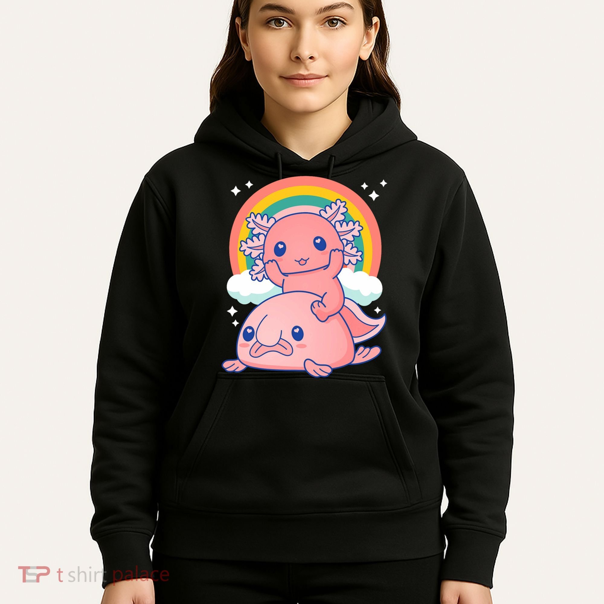 Cute Kawaii P.ink Axolotl Riding A Blob Fish Hoodie