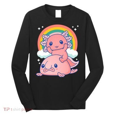 Cute Kawaii P.ink Axolotl Riding A Blob Fish Long Sleeve Shirt