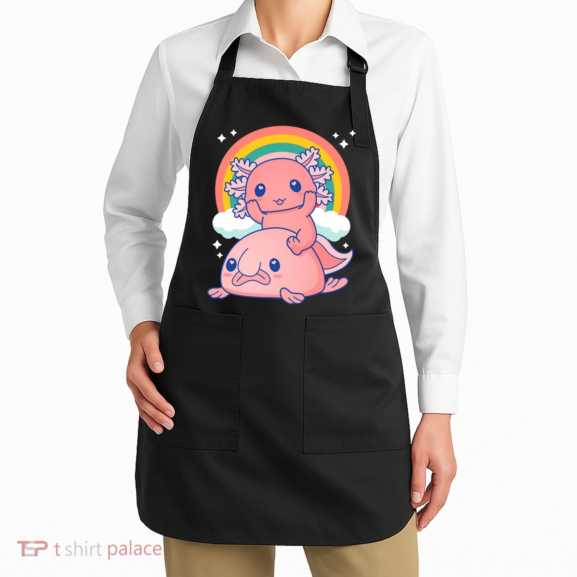 Cute Kawaii P.ink Axolotl Riding A Blob Fish Apron