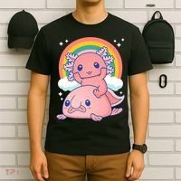 Cute Kawaii P.ink Axolotl Riding A Blob Fish T-Shirt thumb 6
