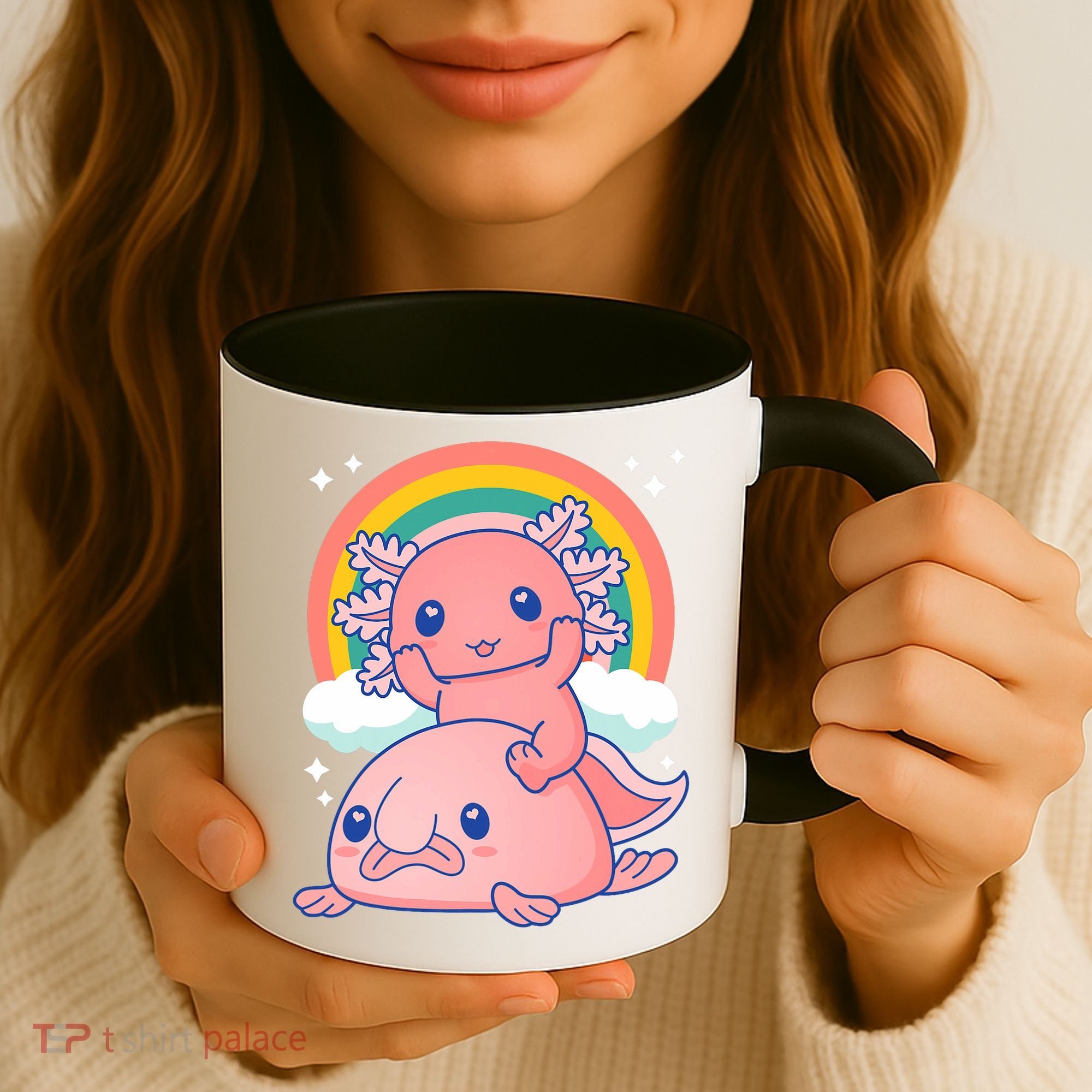 Cute Kawaii P.ink Axolotl Riding A Blob Fish Coffee Mug