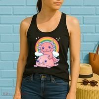 Cute Kawaii P.ink Axolotl Riding A Blob Fish Women's Tank Top thumb 2