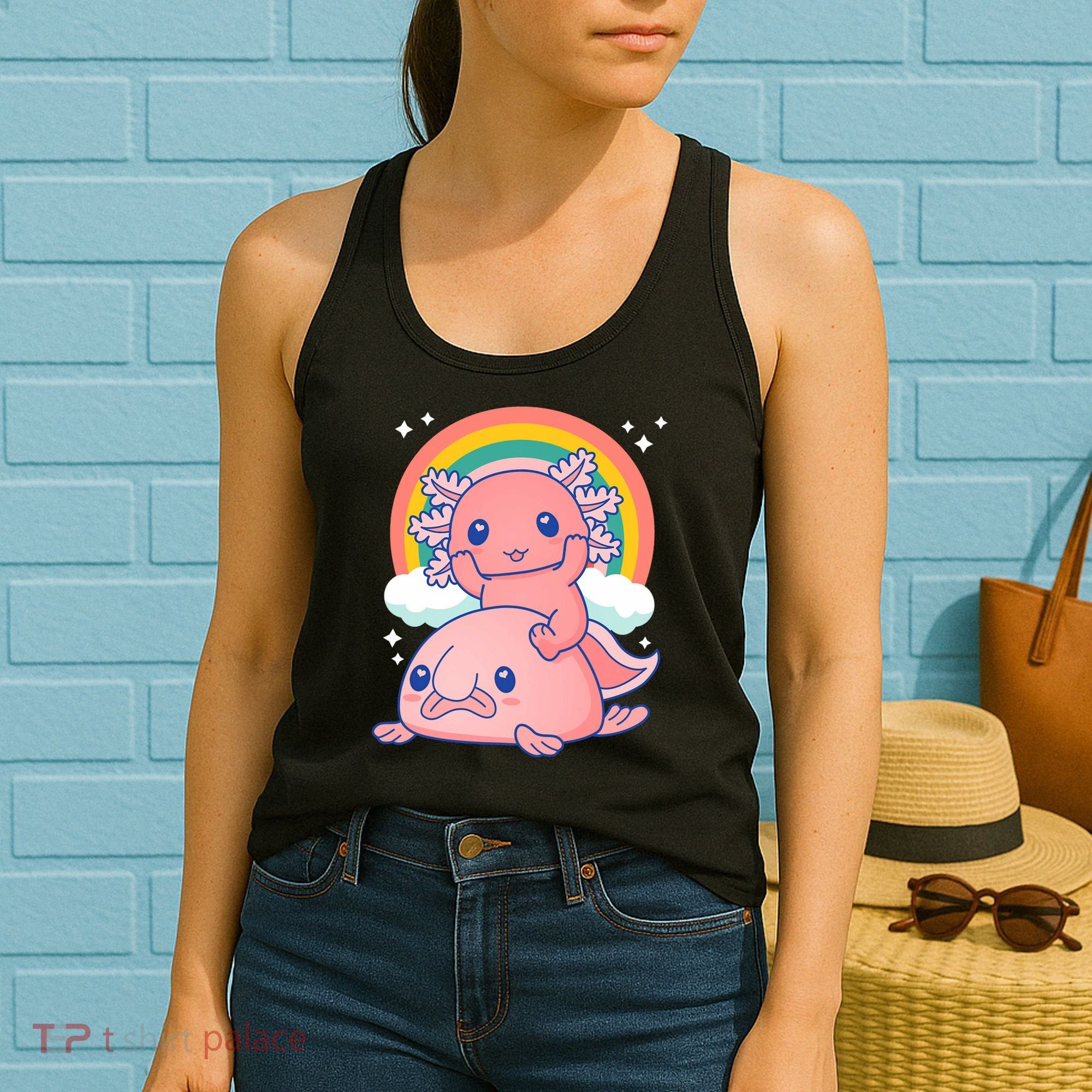 Cute Kawaii P.ink Axolotl Riding A Blob Fish Women's Tank Top