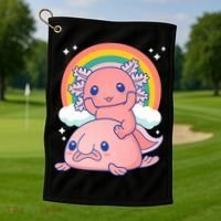Cute Kawaii P.ink Axolotl Riding A Blob Fish Golf Towel thumb 1