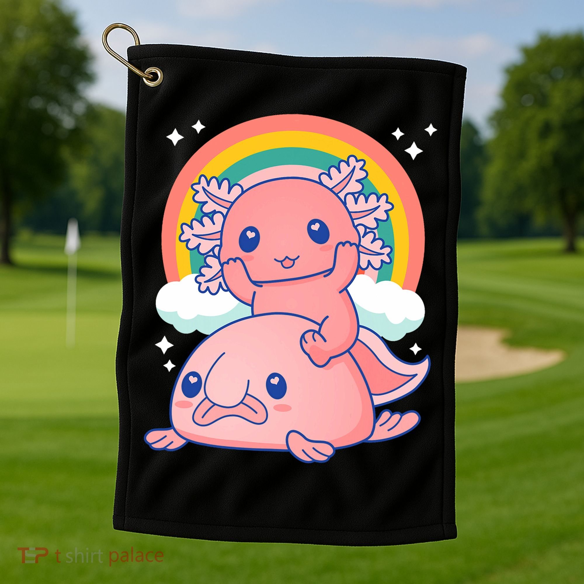 Cute Kawaii P.ink Axolotl Riding A Blob Fish Golf Towel