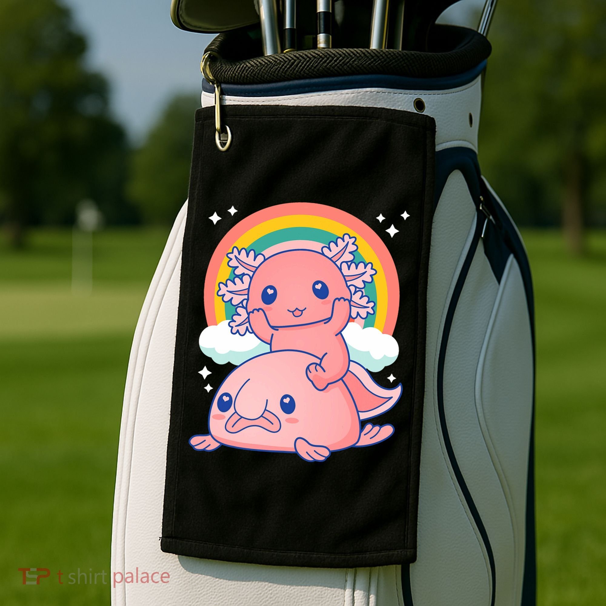 Cute Kawaii P.ink Axolotl Riding A Blob Fish Golf Towel