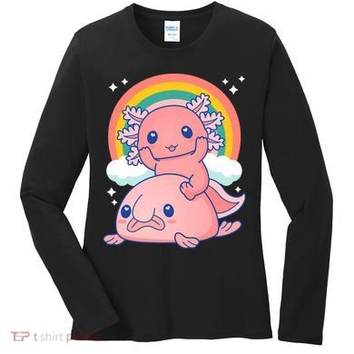 Cute Kawaii P.ink Axolotl Riding A Blob Fish Women's Long Sleeve Shirt
