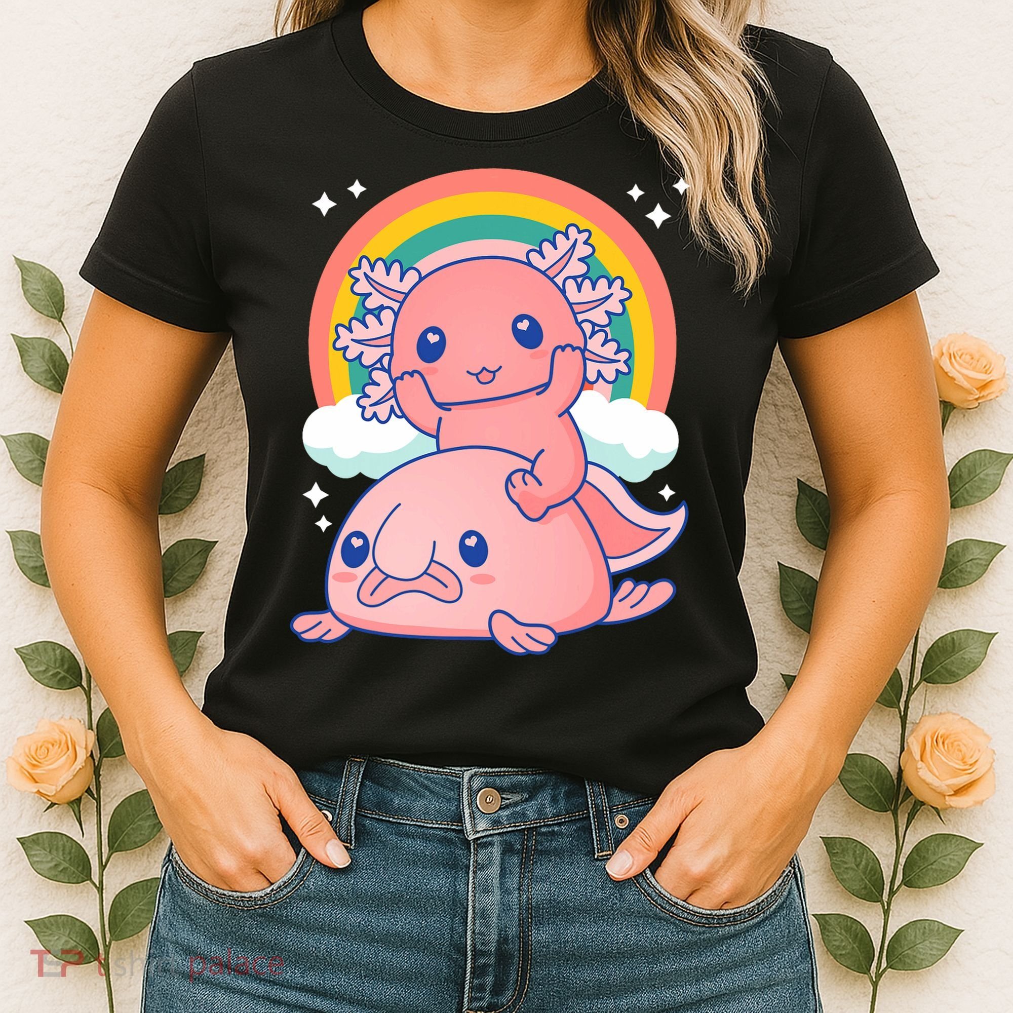 Cute Kawaii P.ink Axolotl Riding A Blob Fish Women's T-Shirt