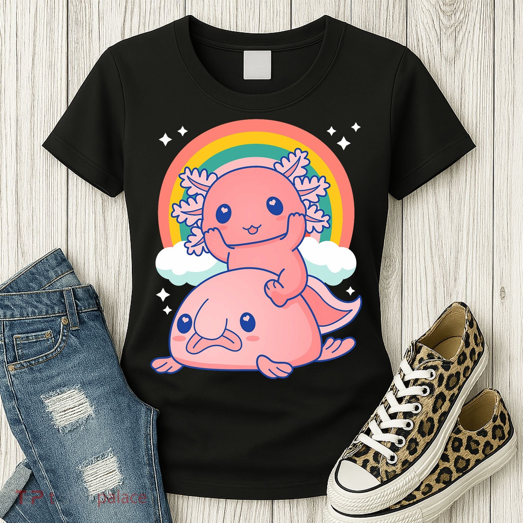 Cute Kawaii P.ink Axolotl Riding A Blob Fish Women's T-Shirt