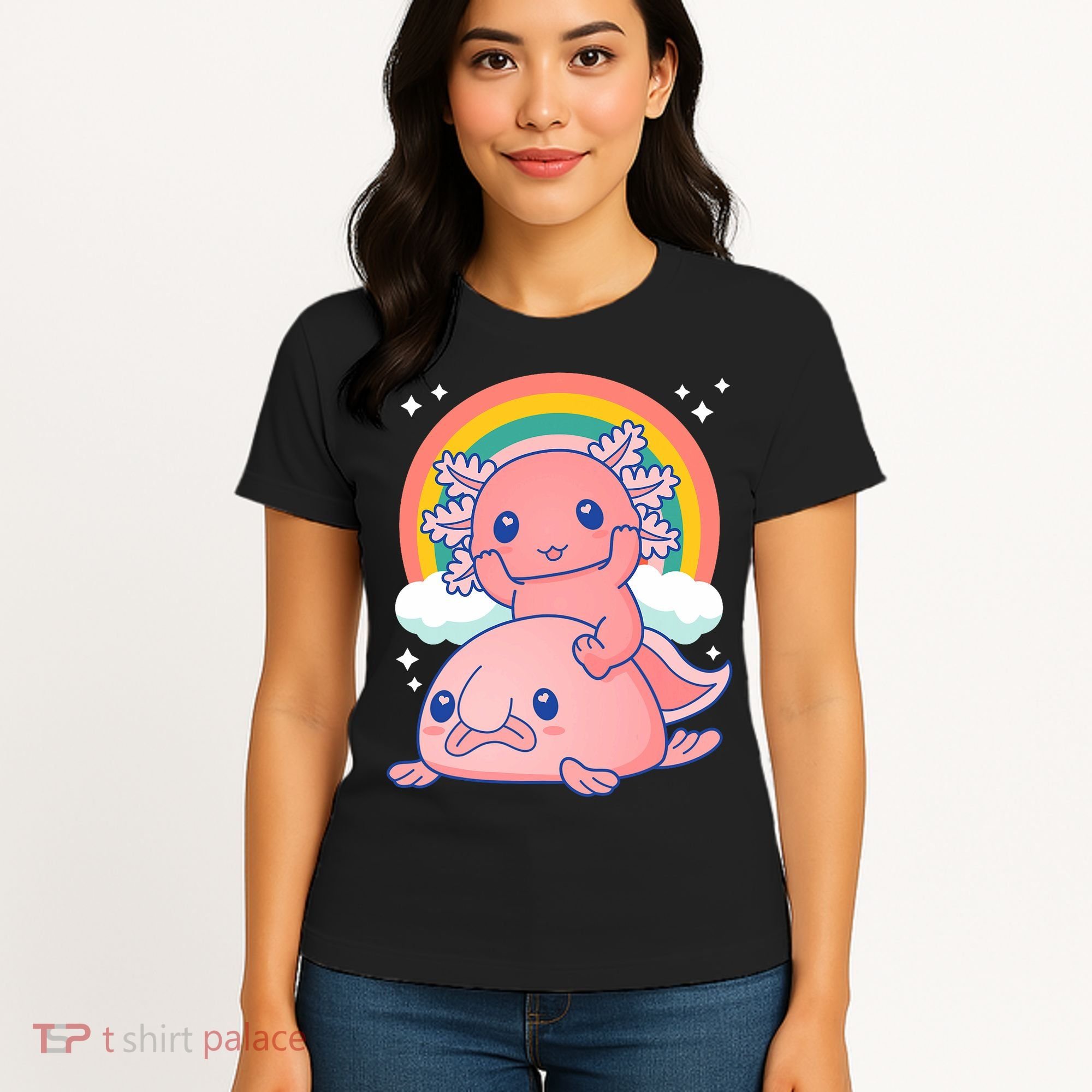 Cute Kawaii P.ink Axolotl Riding A Blob Fish Women's T-Shirt