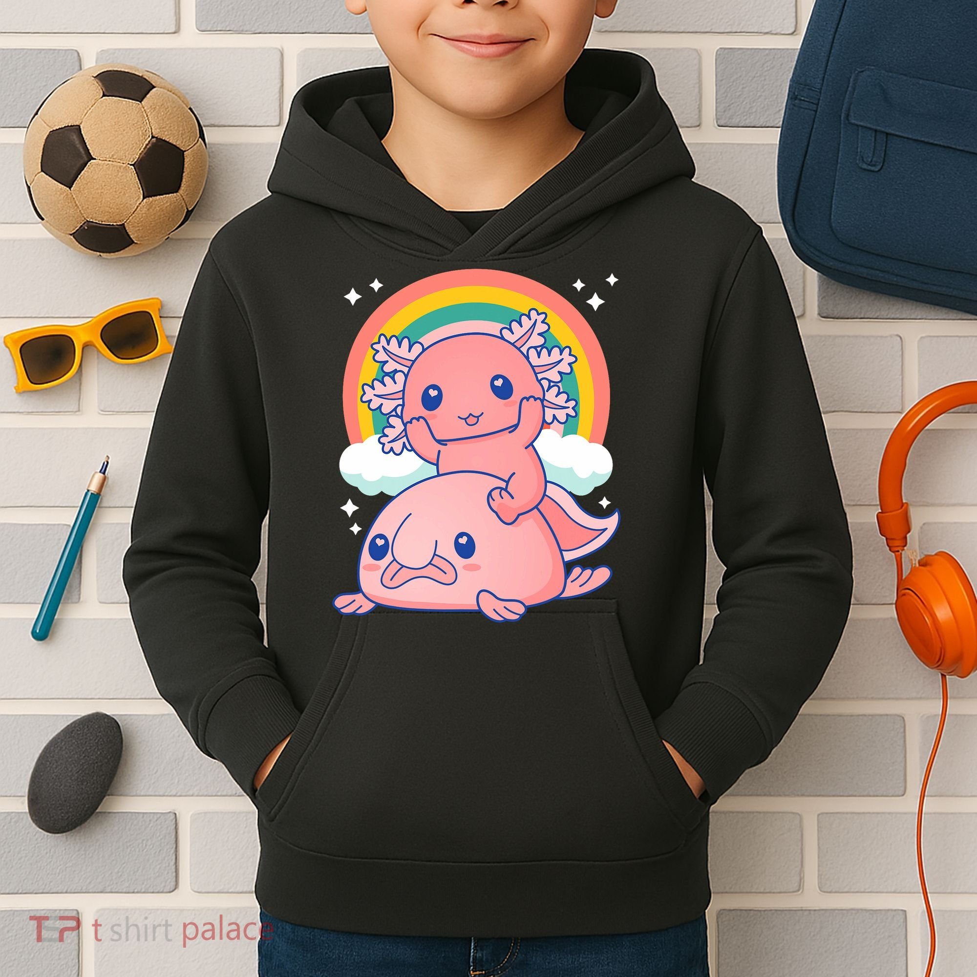 Cute Kawaii P.ink Axolotl Riding A Blob Fish Kids Hoodie