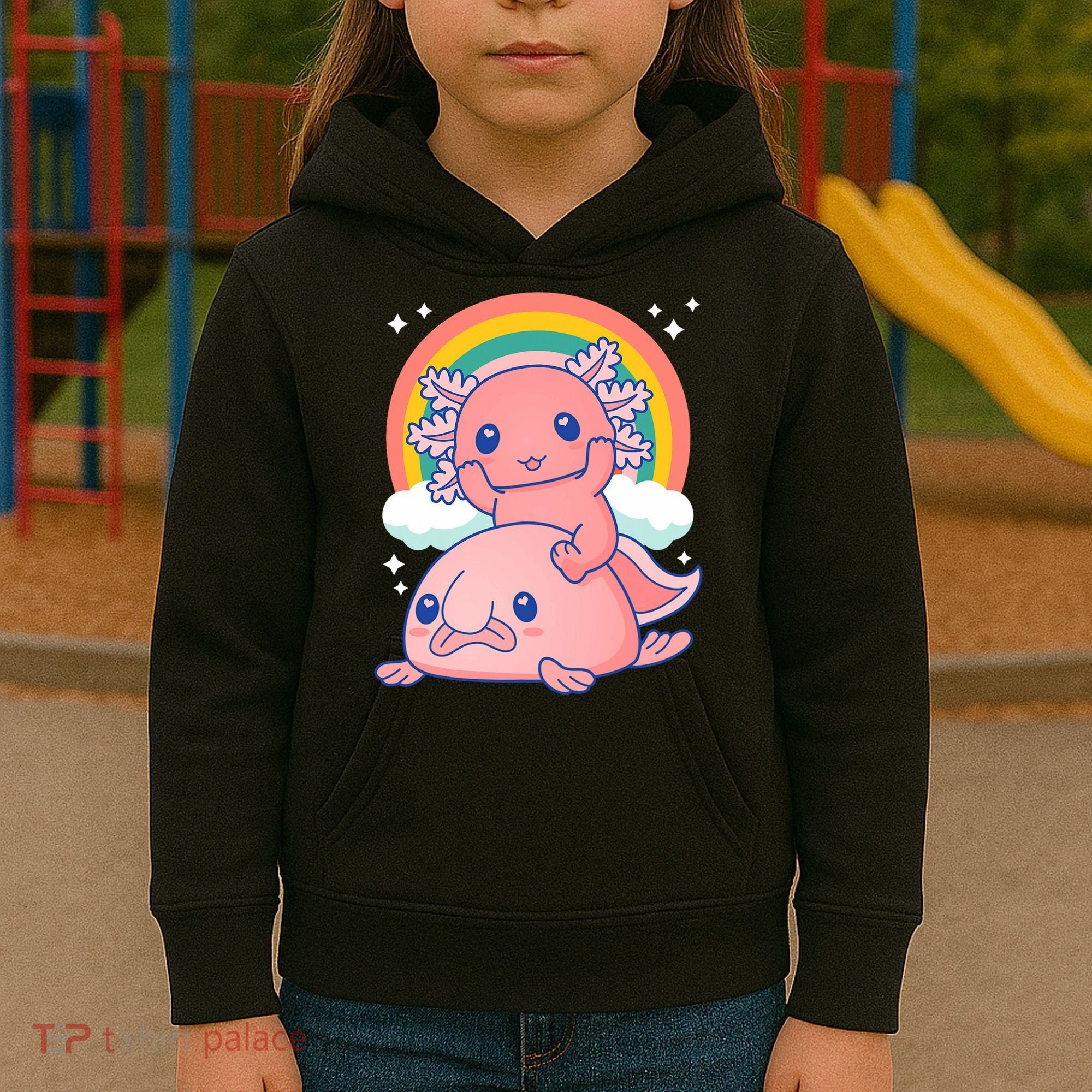 Cute Kawaii P.ink Axolotl Riding A Blob Fish Kids Hoodie