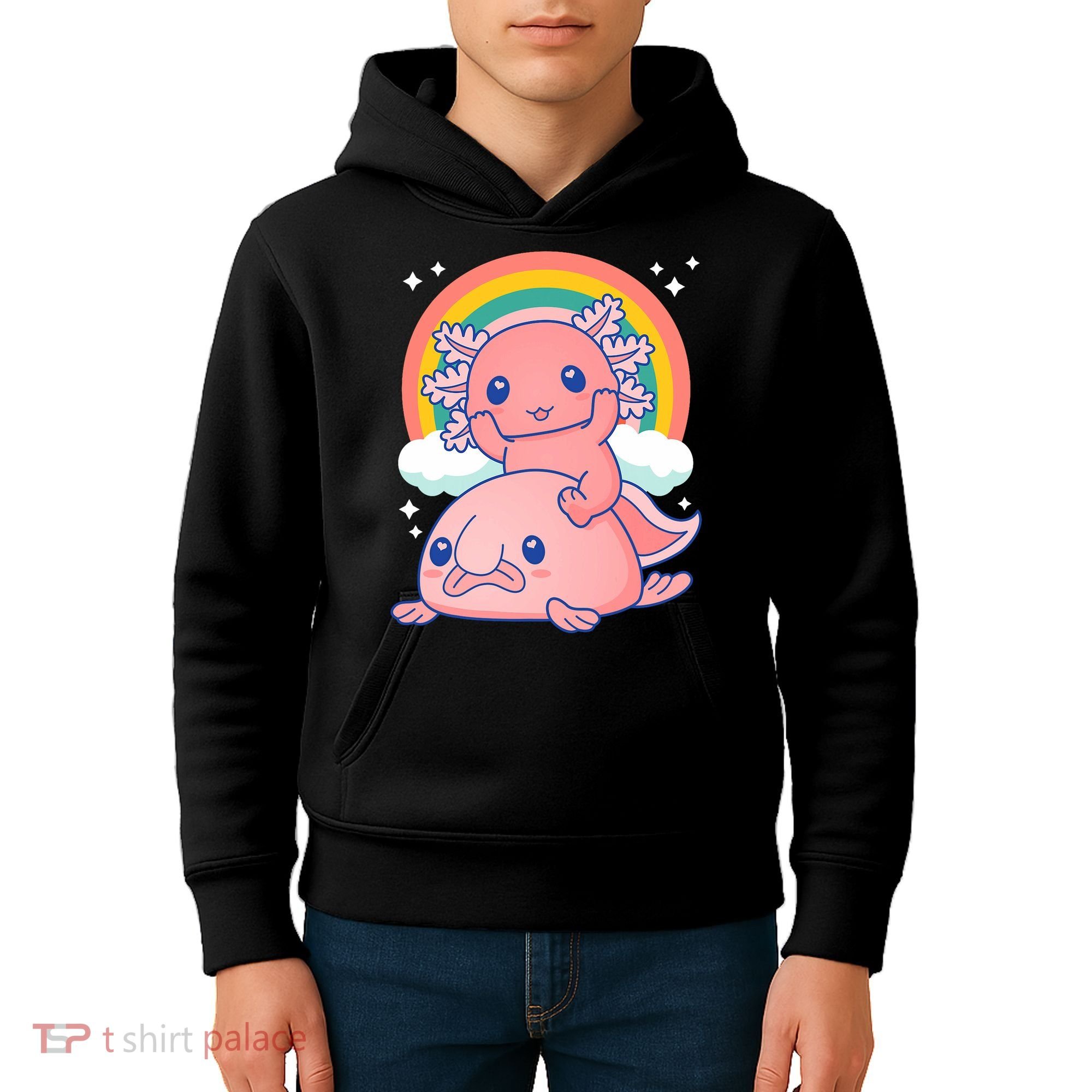 Cute Kawaii P.ink Axolotl Riding A Blob Fish Kids Hoodie