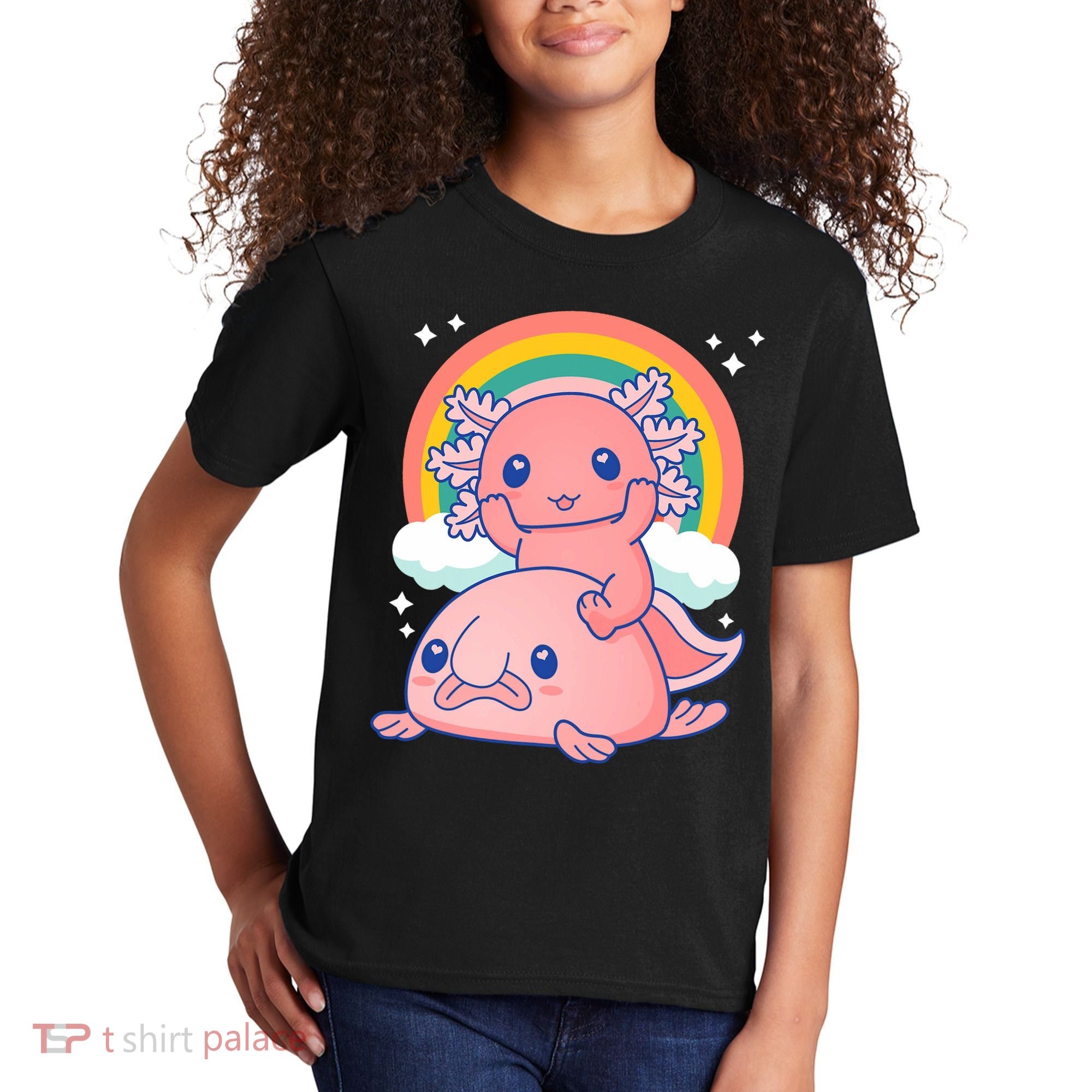 Cute Kawaii P.ink Axolotl Riding A Blob Fish Kids T-Shirt