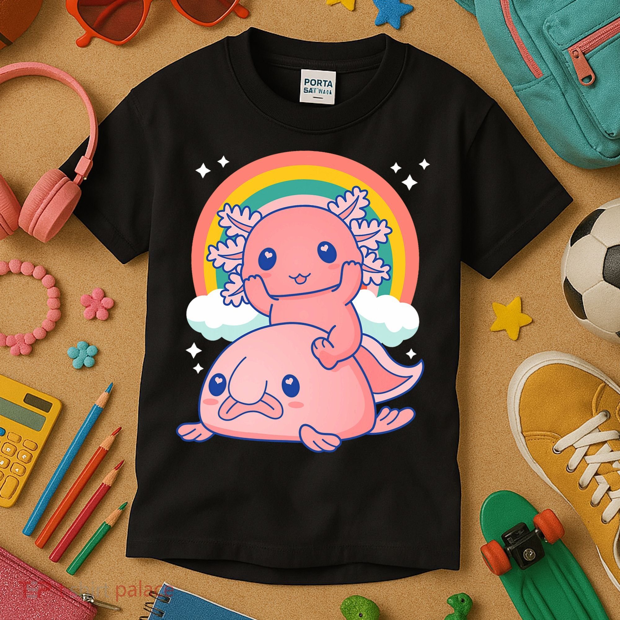 Cute Kawaii P.ink Axolotl Riding A Blob Fish Kids T-Shirt