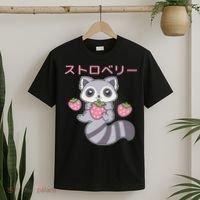 Cute Kawaii Raccoon Embrace A Big Strawberry Anime T-Shirt thumb 2