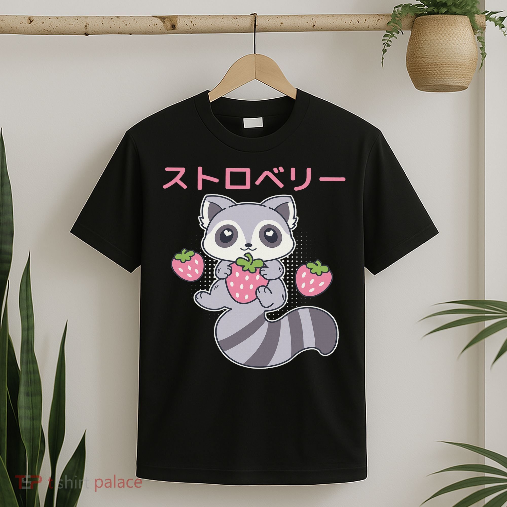 Cute Kawaii Raccoon Embrace A Big Strawberry Anime T-Shirt
