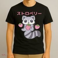 Cute Kawaii Raccoon Embrace A Big Strawberry Anime T-Shirt thumb 3