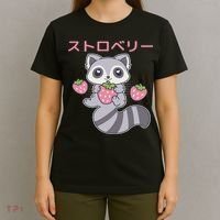 Cute Kawaii Raccoon Embrace A Big Strawberry Anime T-Shirt thumb 4