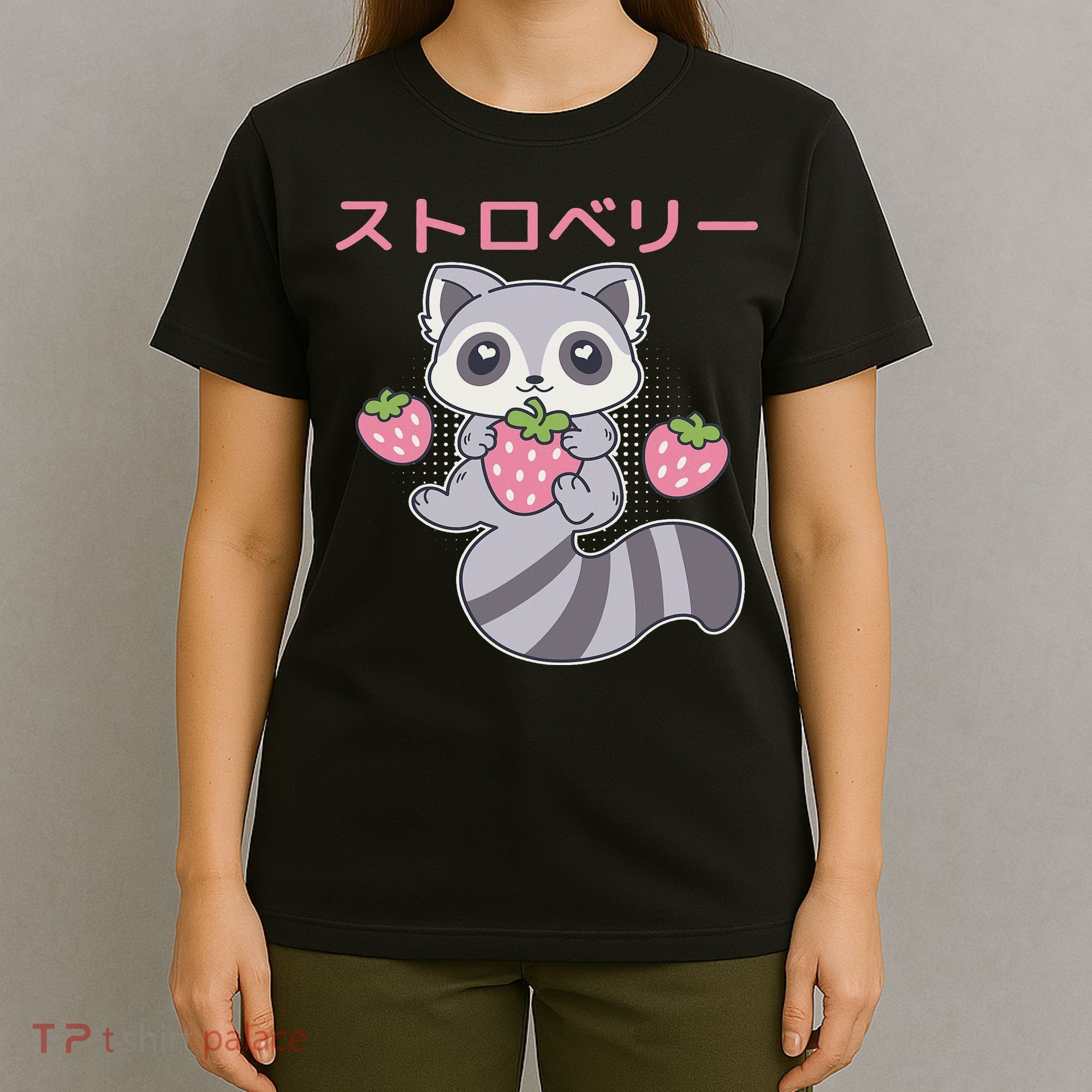Cute Kawaii Raccoon Embrace A Big Strawberry Anime T-Shirt