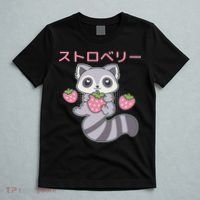 Cute Kawaii Raccoon Embrace A Big Strawberry Anime T-Shirt thumb 5