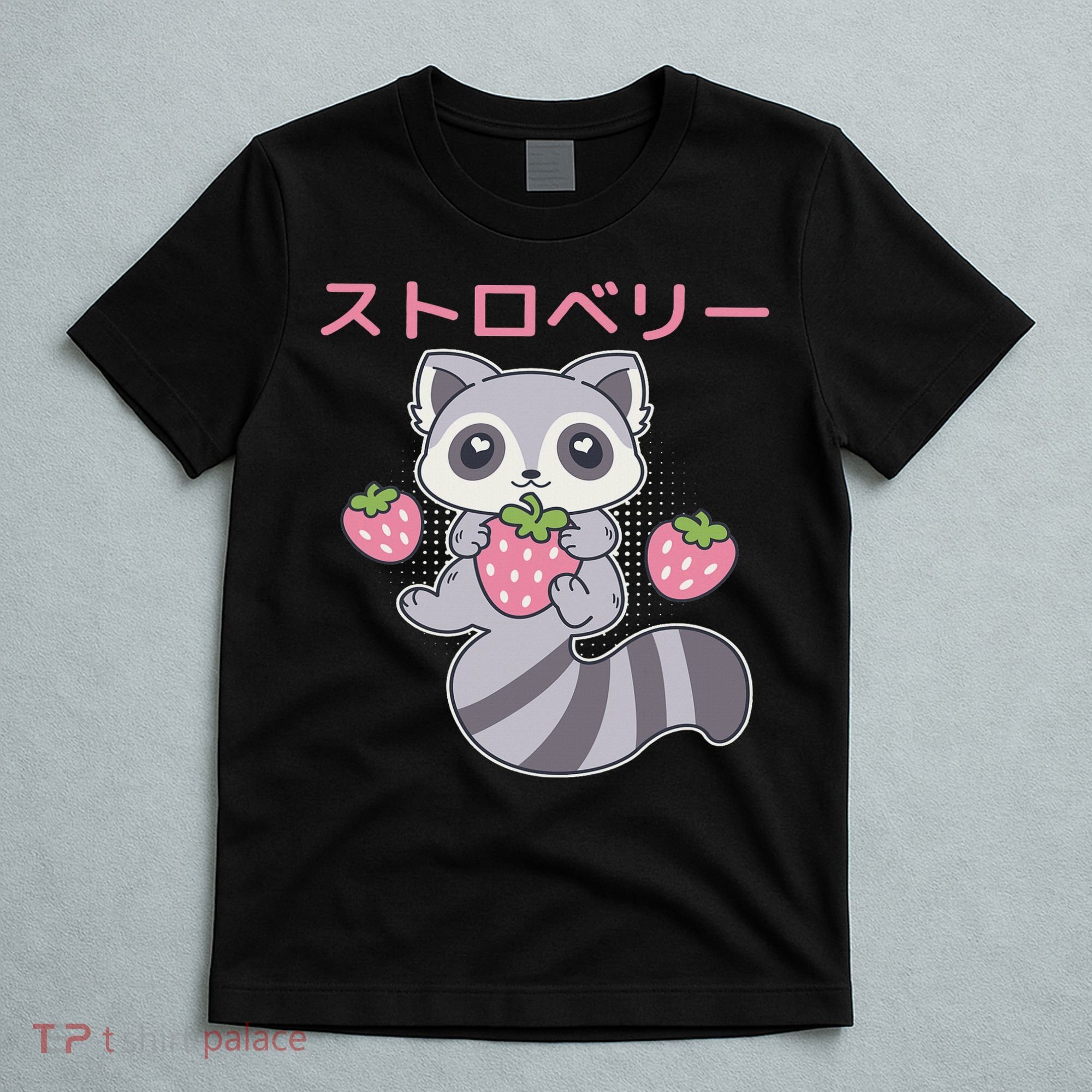 Cute Kawaii Raccoon Embrace A Big Strawberry Anime T-Shirt