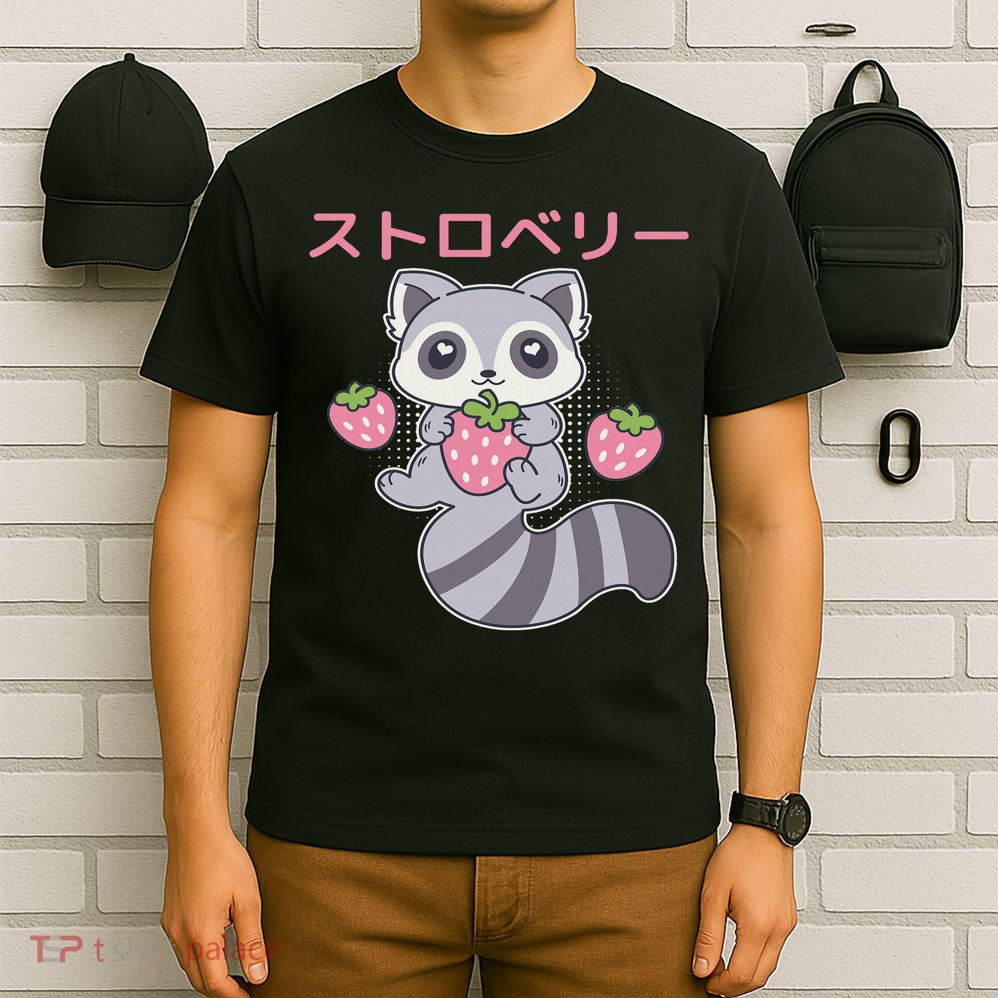 Cute Kawaii Raccoon Embrace A Big Strawberry Anime T-Shirt