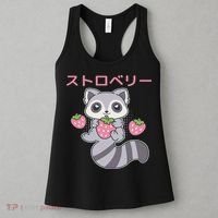 Cute Kawaii Raccoon Embrace A Big Strawberry Anime Women's Tank Top thumb 3