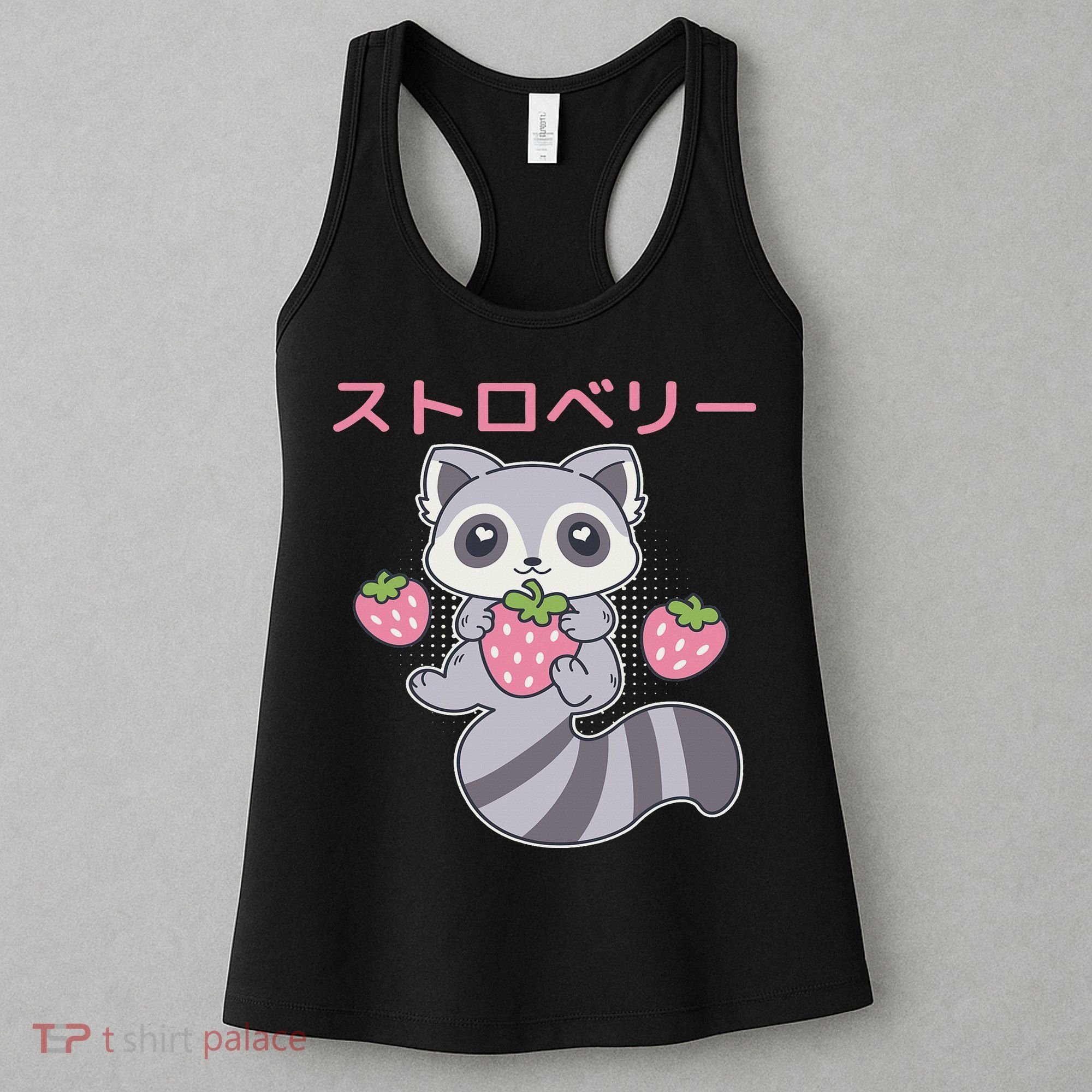 Cute Kawaii Raccoon Embrace A Big Strawberry Anime Women's Tank Top