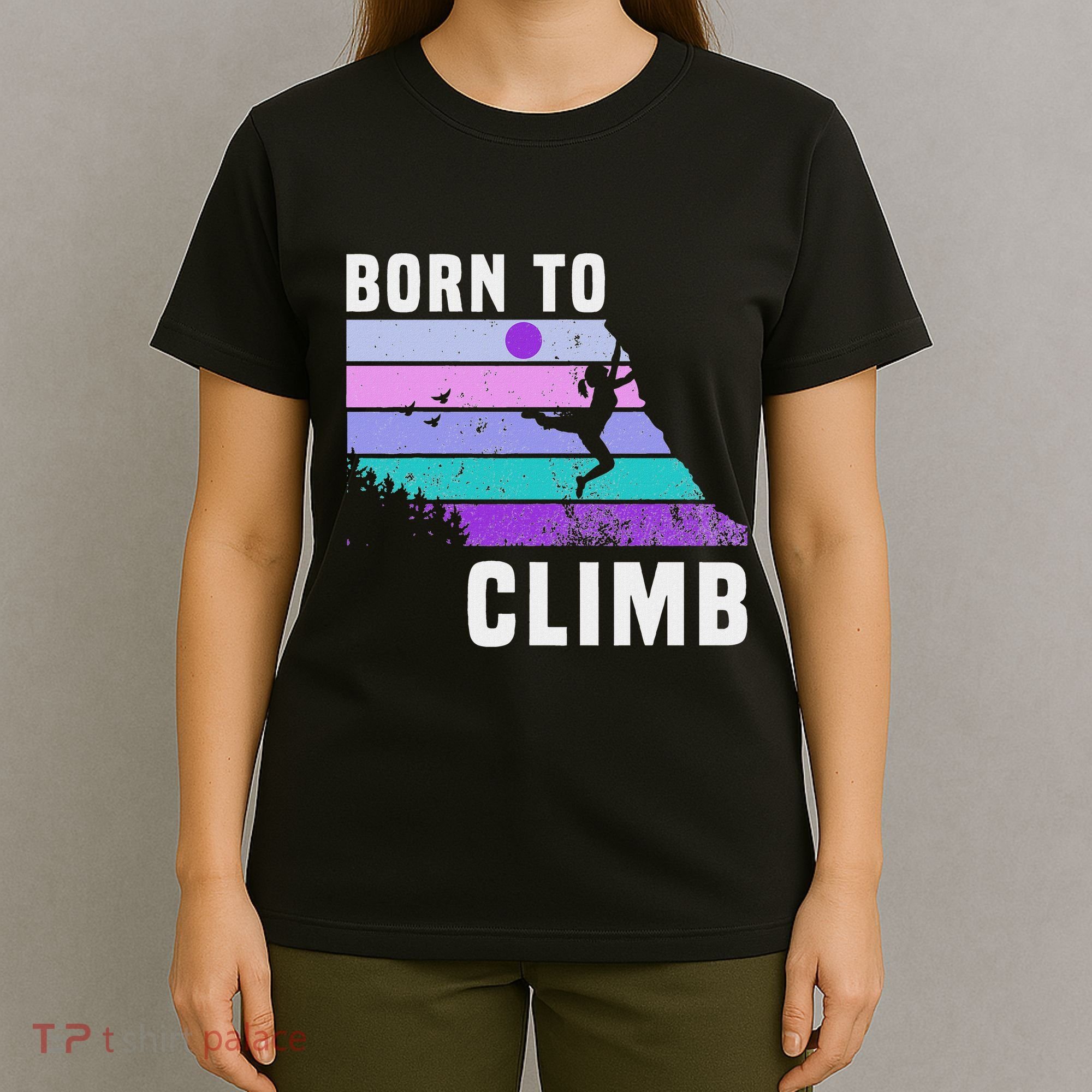 Climb Like A Girl Retro Sunset Rocks Born To Climb T-Shirt