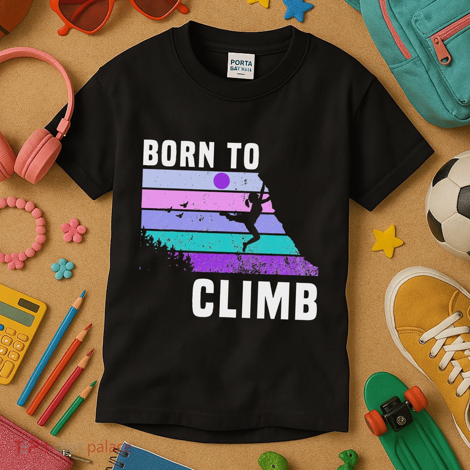 Climb Like A Girl Retro Sunset Rocks Born To Climb Kids T-Shirt