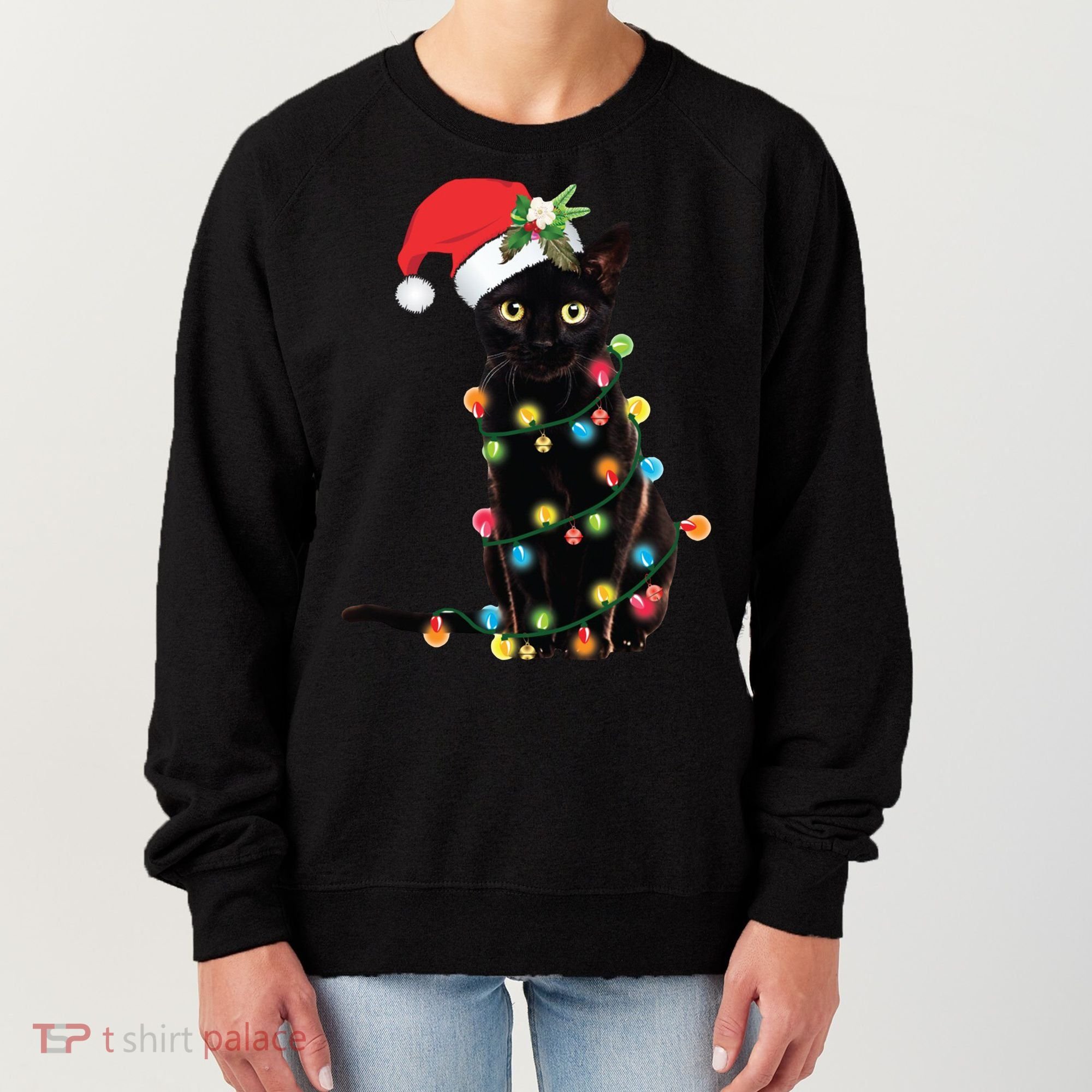 Christmas Lights Black Cat Santa Women's Sweatshirt