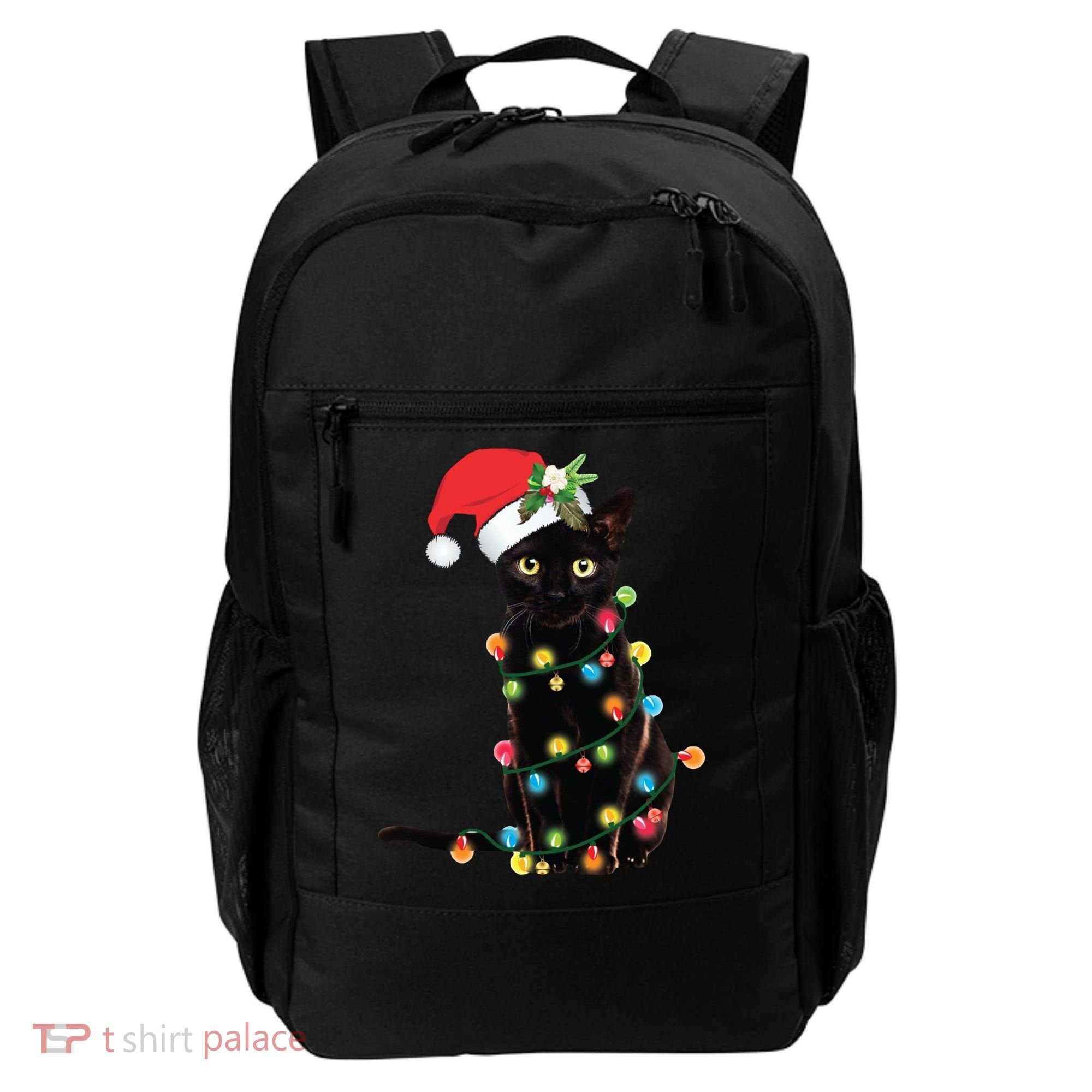 Christmas Lights Black Cat Santa Backpack
