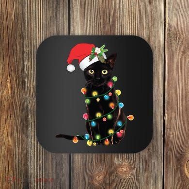 Christmas Lights Black Cat Santa Coaster
