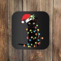 Christmas Lights Black Cat Santa Coaster thumb 0