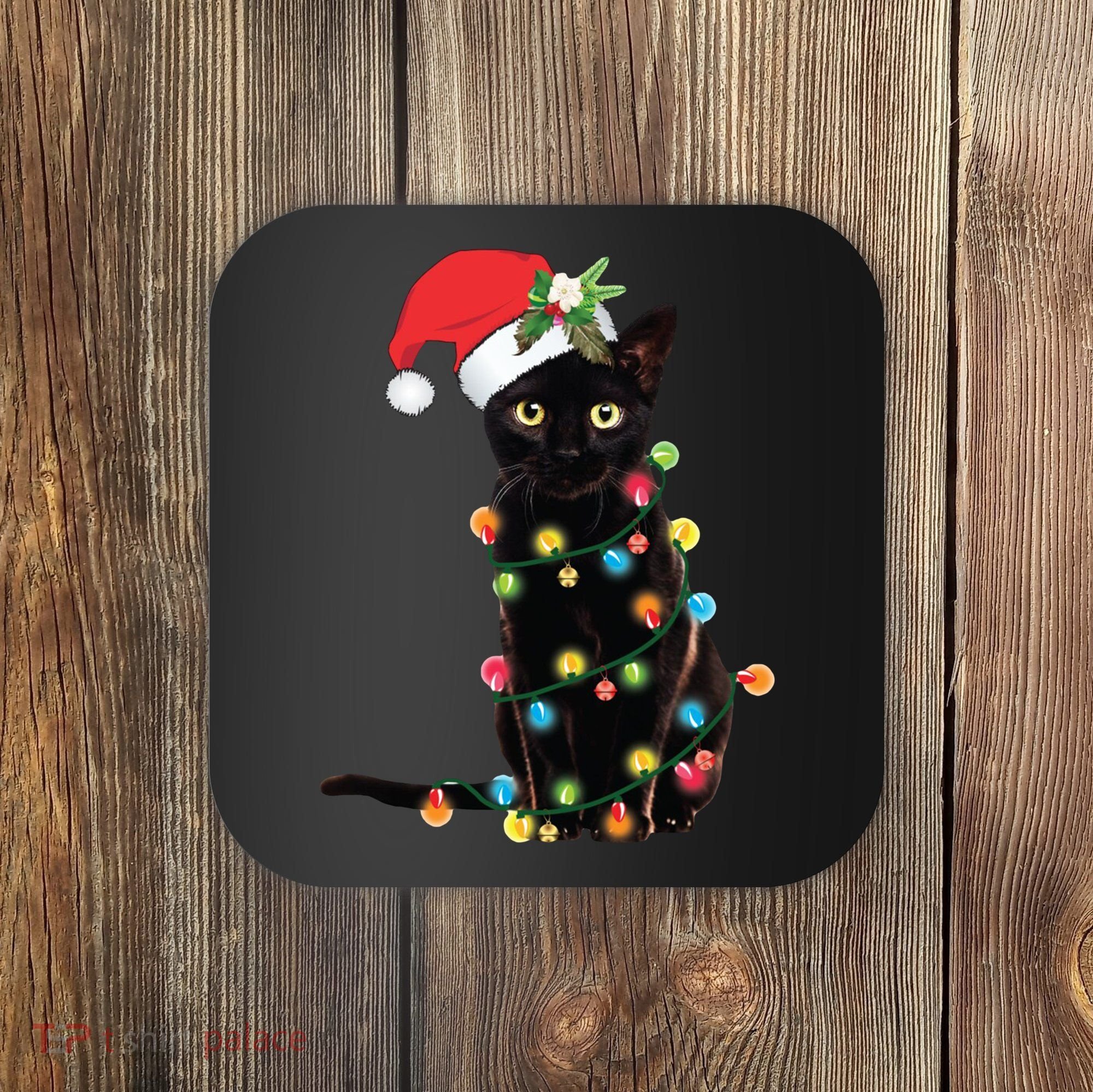 Christmas Lights Black Cat Santa Coaster