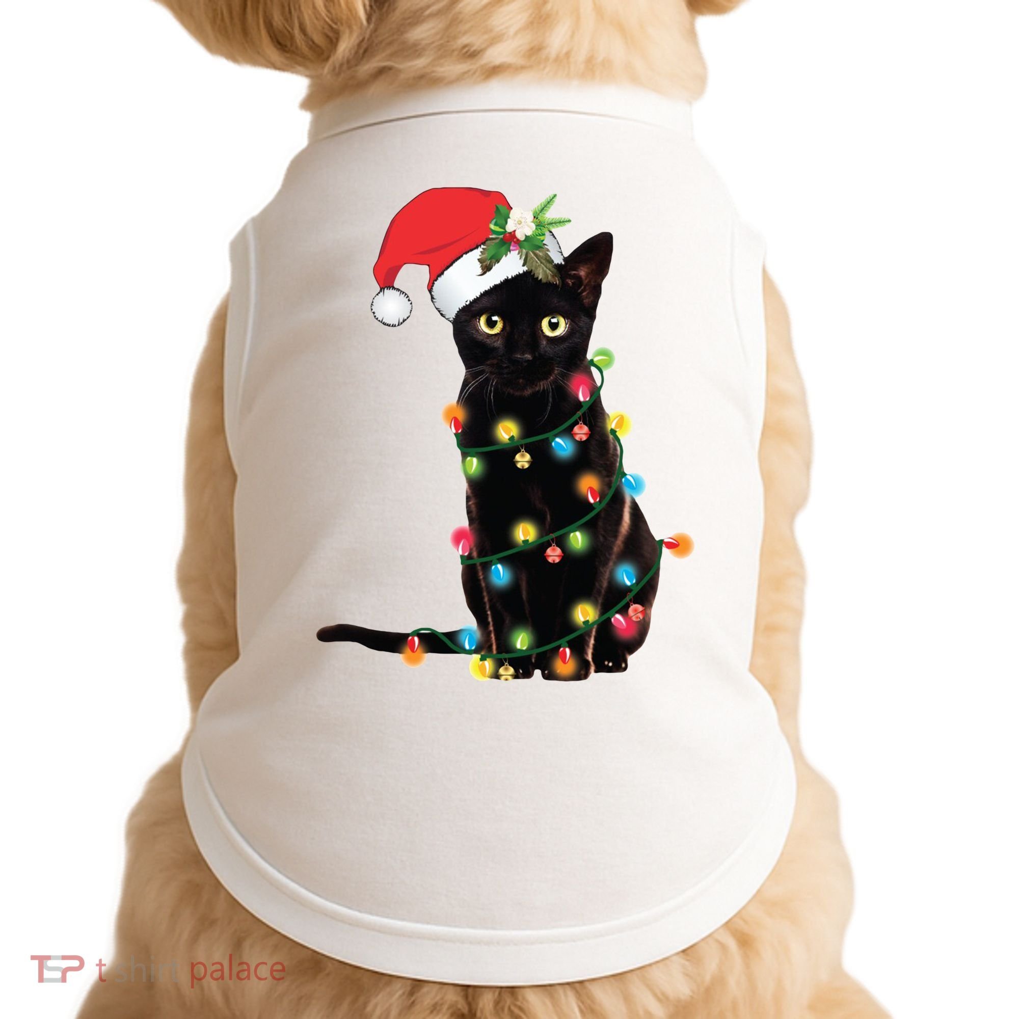 Christmas Lights Black Cat Santa Doggie Tank