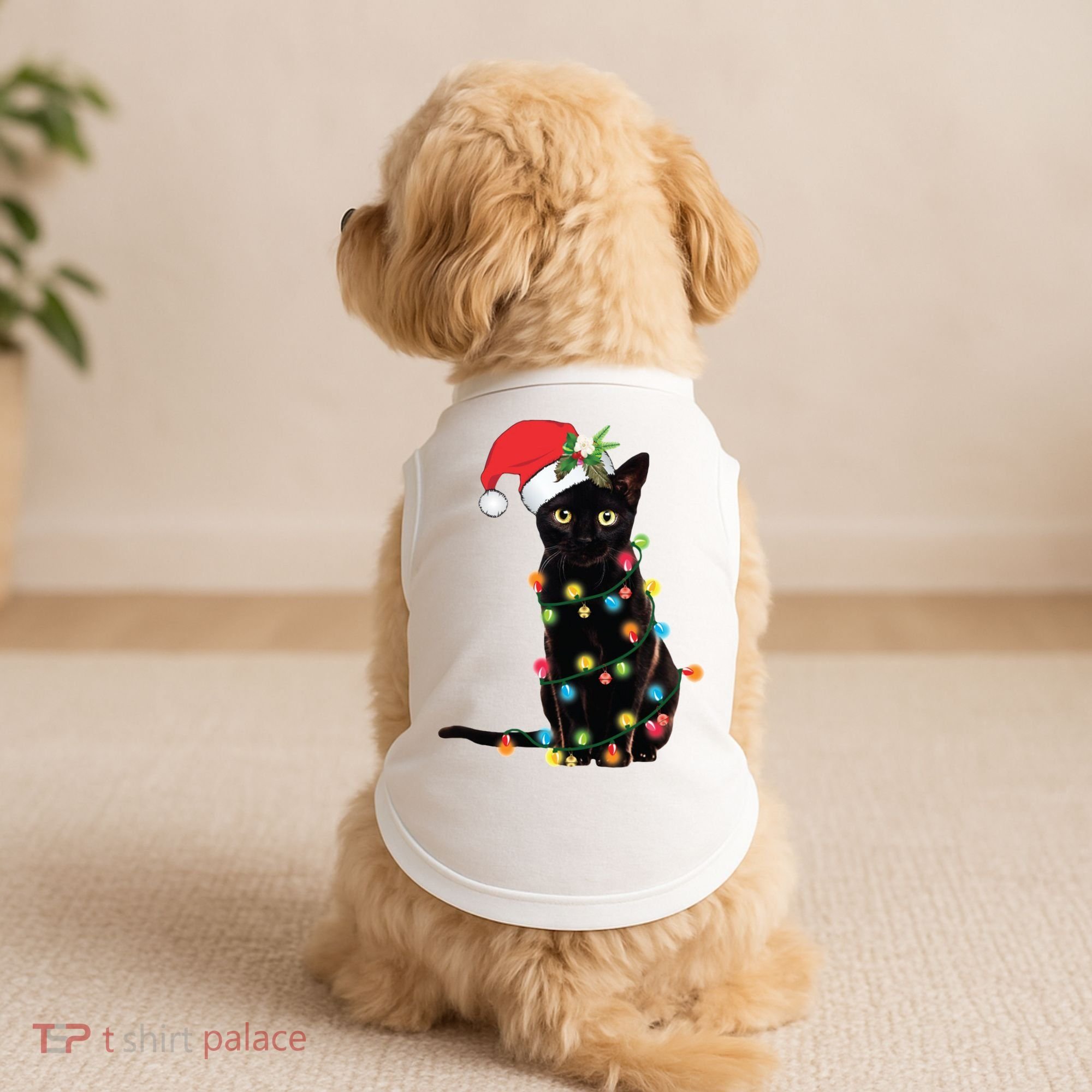 Christmas Lights Black Cat Santa Doggie Tank