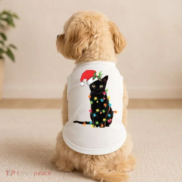 Christmas Lights Black Cat Santa Doggie Tank