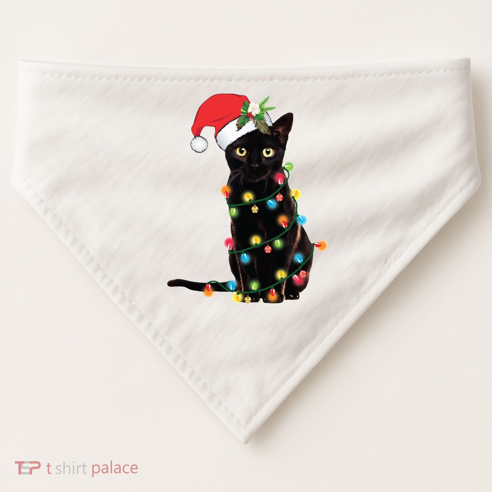 Christmas Lights Black Cat Santa USA-Made Doggie Bandana