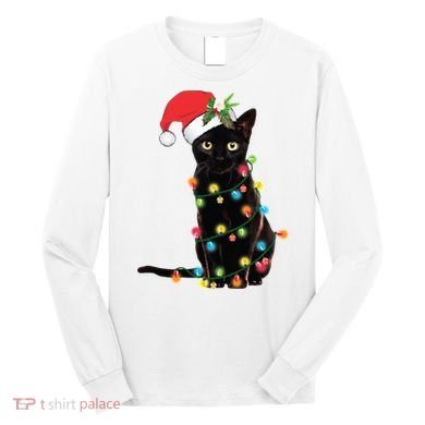 Christmas Lights Black Cat Santa Long Sleeve Shirt