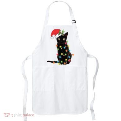 Christmas Lights Black Cat Santa Apron