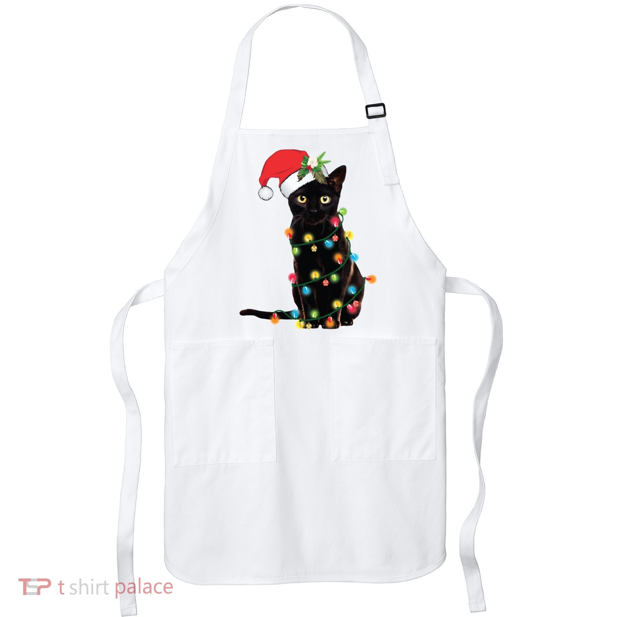 Christmas Lights Black Cat Santa Apron