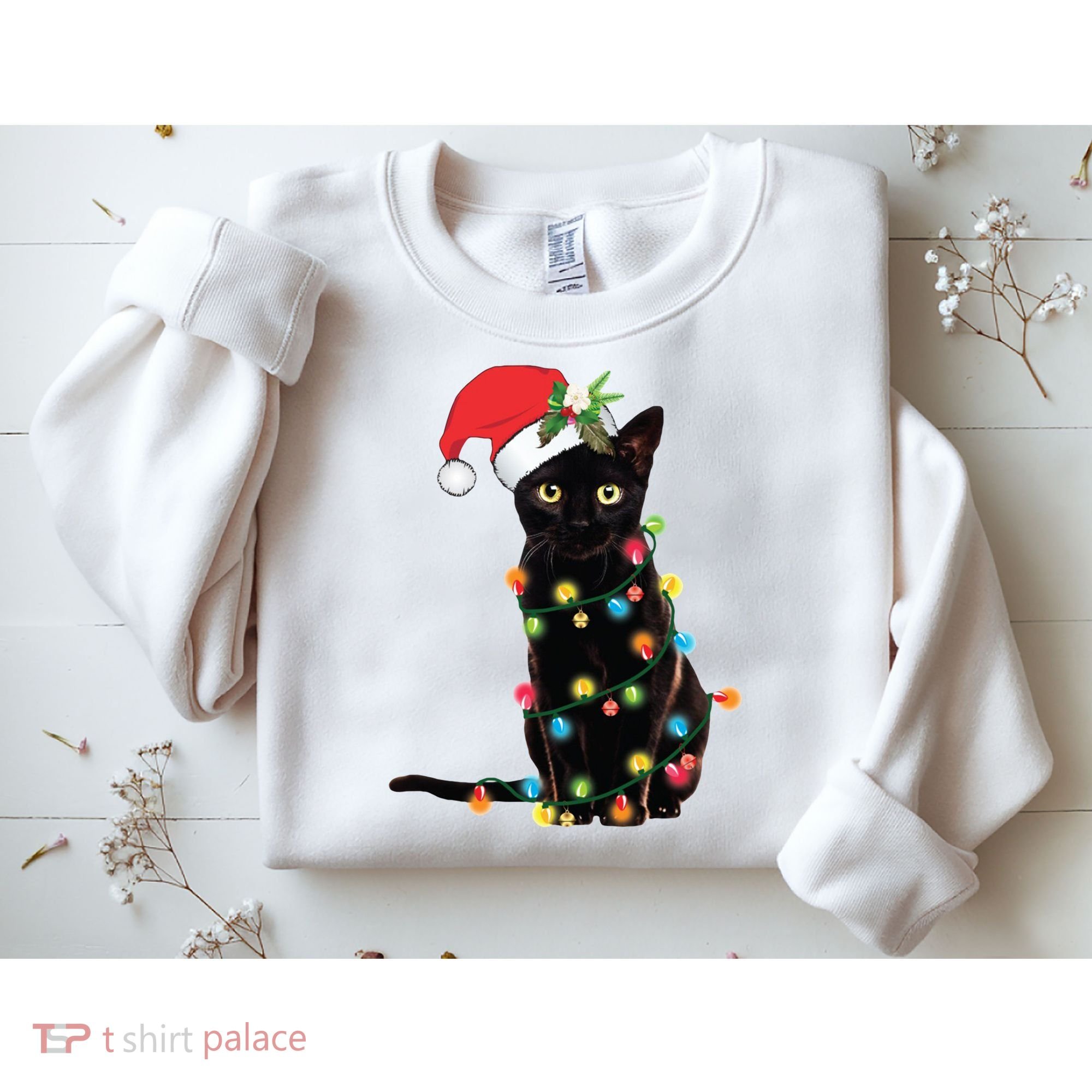 Christmas Lights Black Cat Santa Sweatshirt