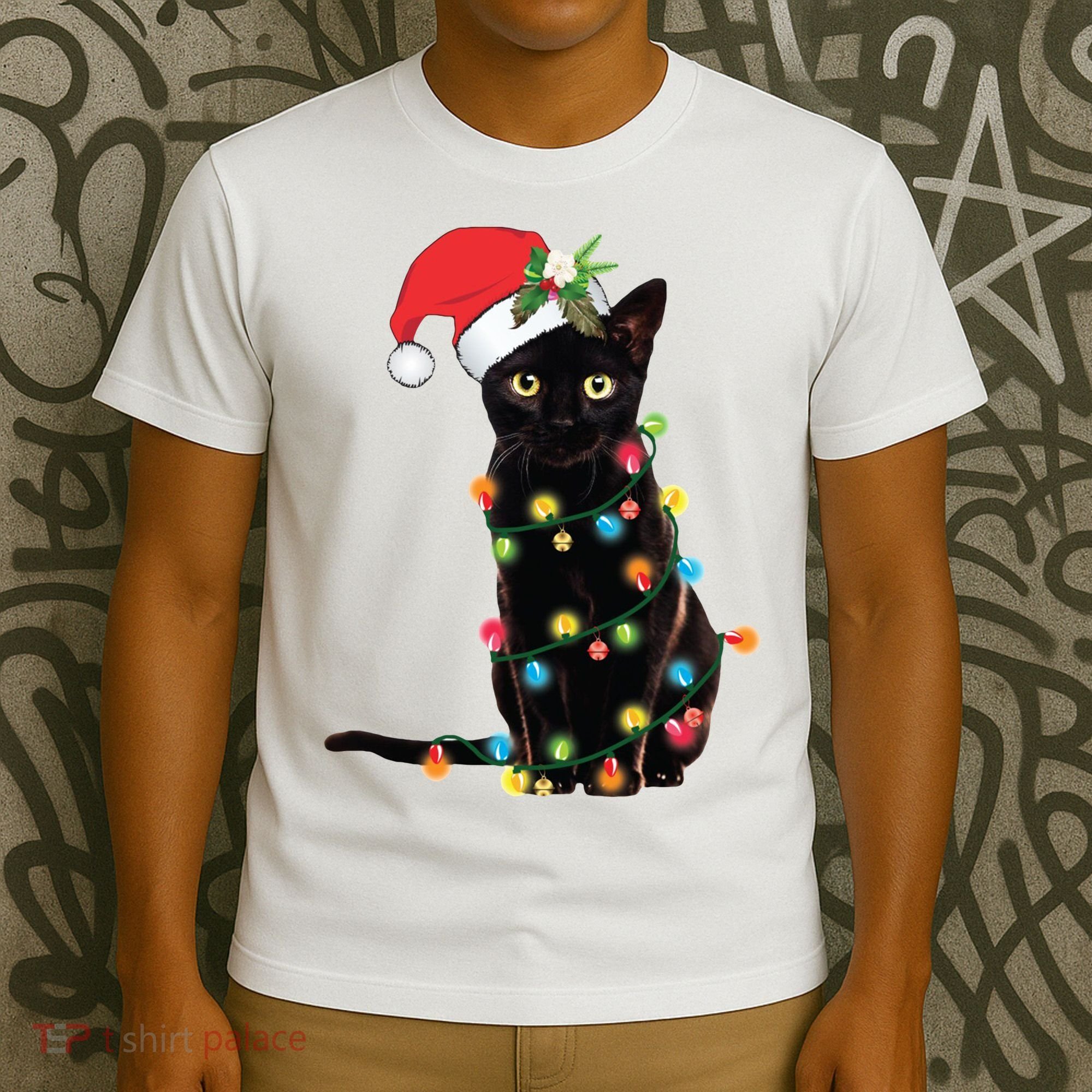 Christmas Lights Black Cat Santa T-Shirt