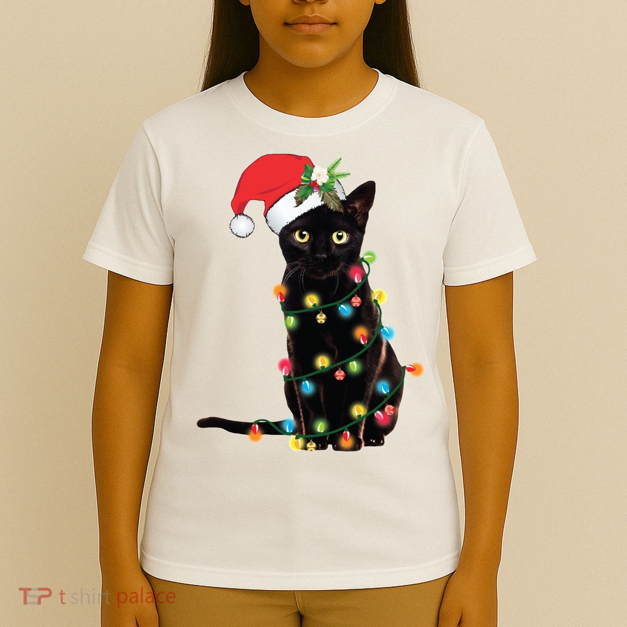 Christmas Lights Black Cat Santa T-Shirt