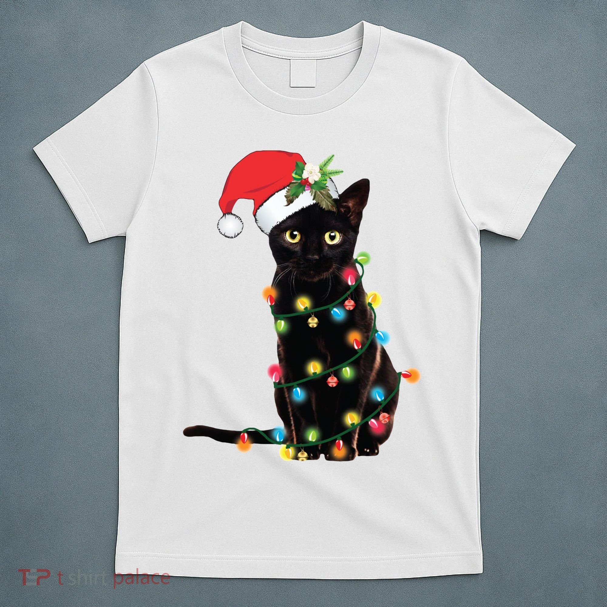 Christmas Lights Black Cat Santa T-Shirt