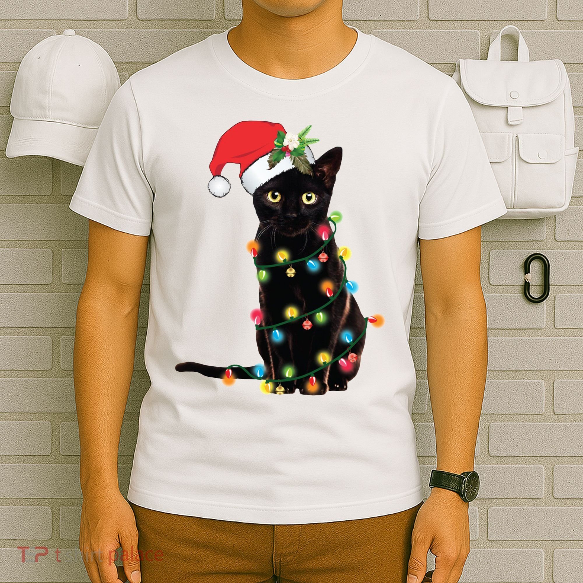 Christmas Lights Black Cat Santa T-Shirt