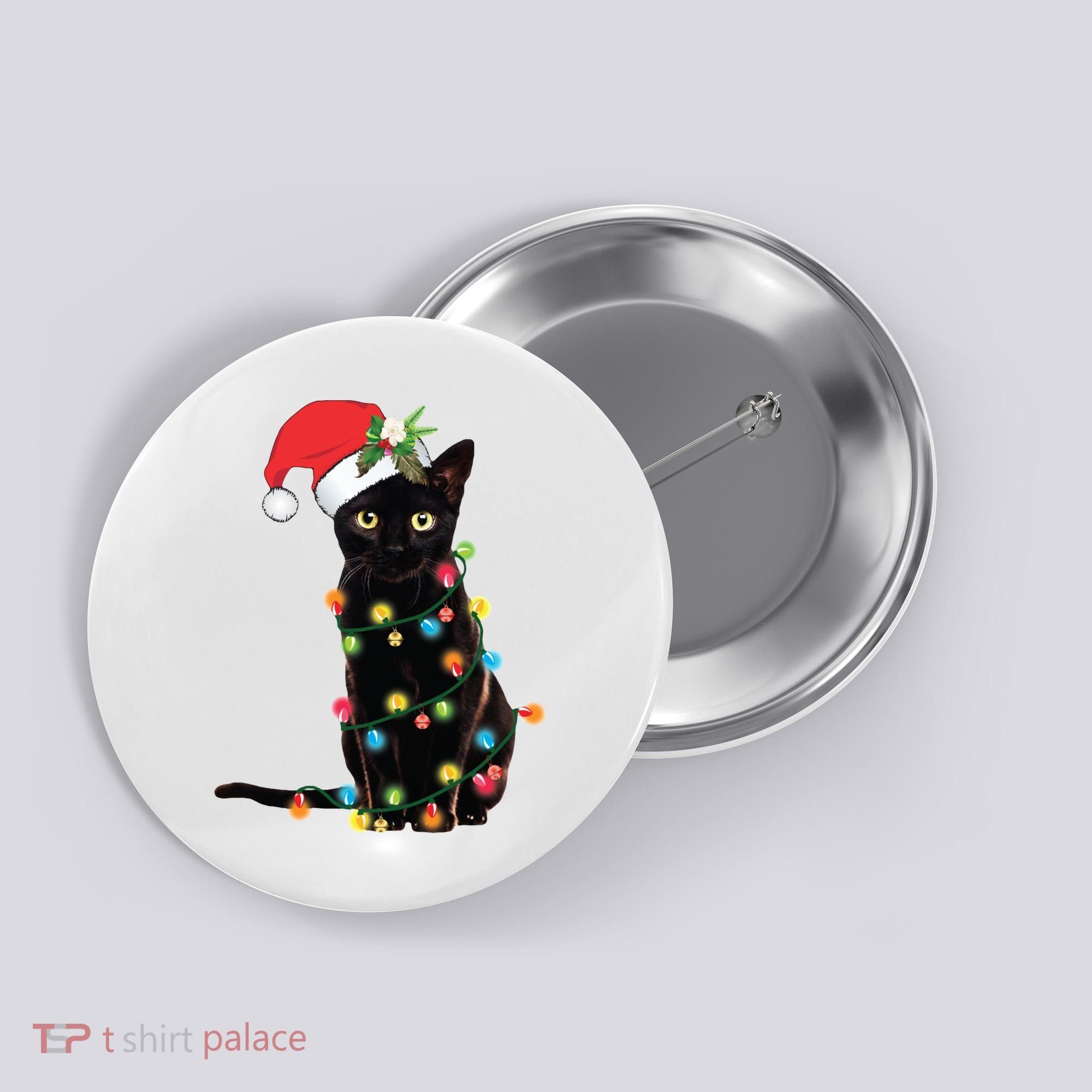 Christmas Lights Black Cat Santa Button